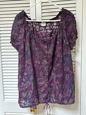 Sonoma Cotton Blend Sheer Dark Floral Blouse Buttons XL NWOT